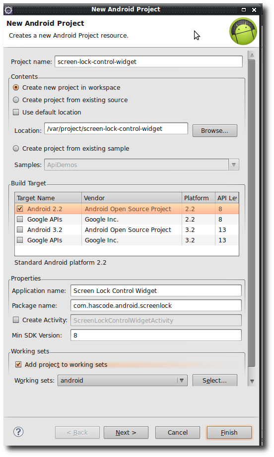 create new android project