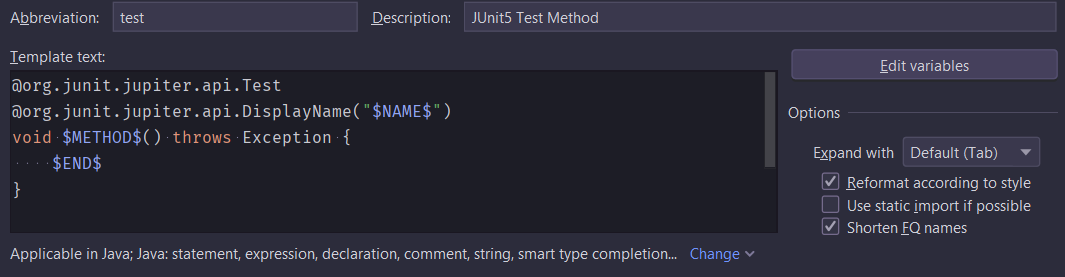 intellij junit5 template