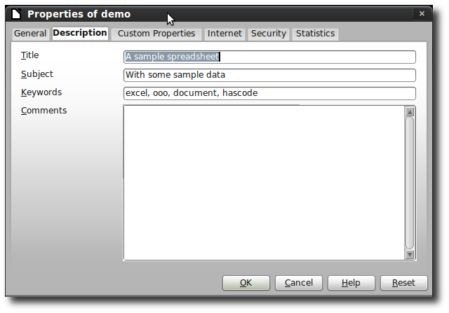 spreadsheet properties